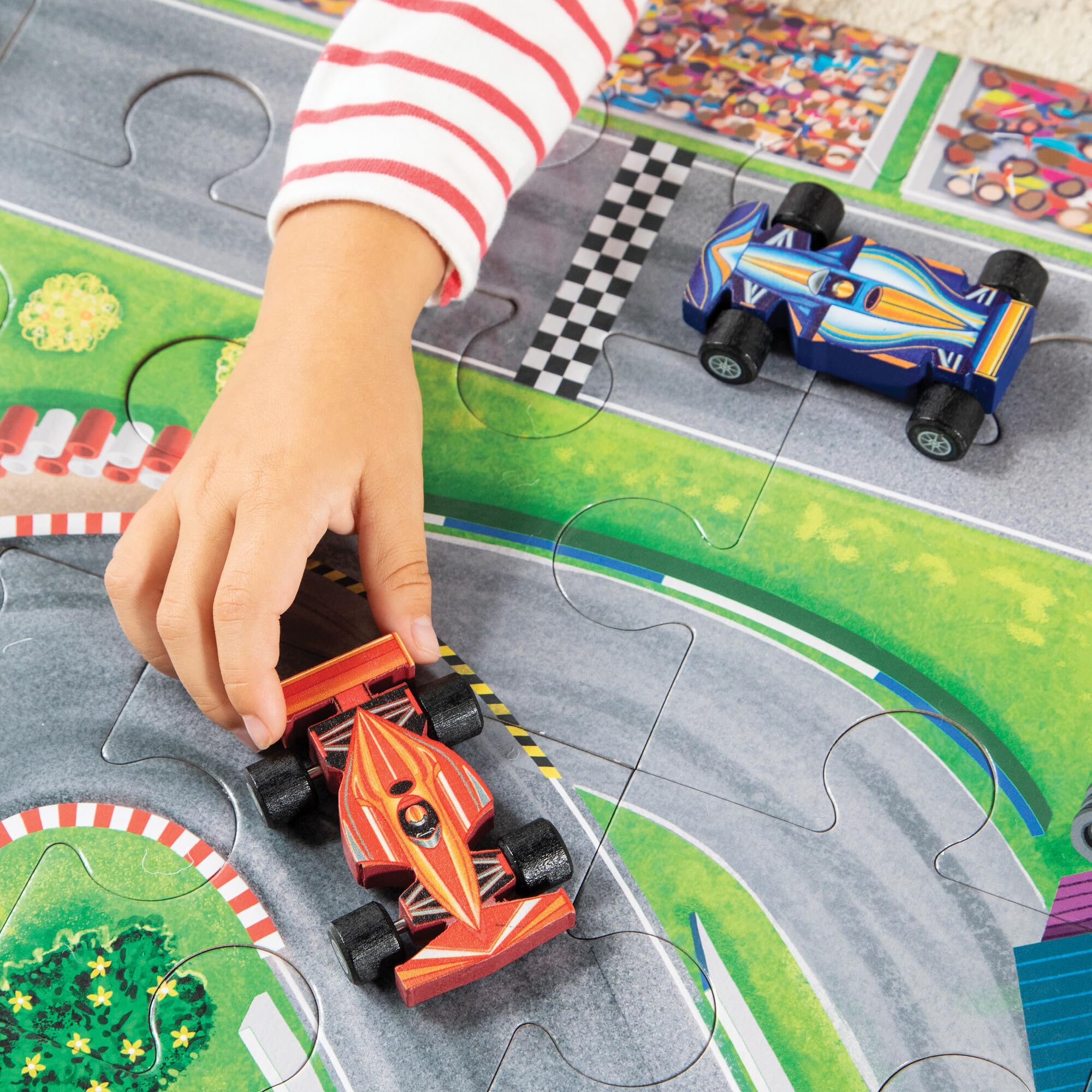 Peaceable Kingdom Puzzle & Play: Race Day - Floor Puzzle for Kids Ages 3 and Up - Includes 3 Wooden Vehicles to Zoom Around The Race Track Puzzle for a Double Dose of Fun - Measures 26" x 36" - Image 5