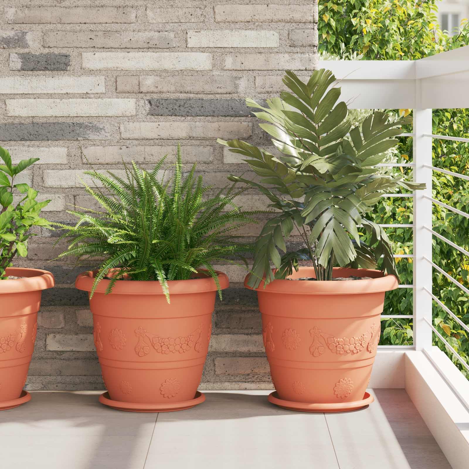 24er Set Blumentöpfe Ø 39 cm Ziegelrot, Moderne Pflanzkübel aus Kunststoff für Außen und Innen, Große Runde Pflanzgefäße mit Drainage für Garten Terrasse Balkon, 39x32 cm