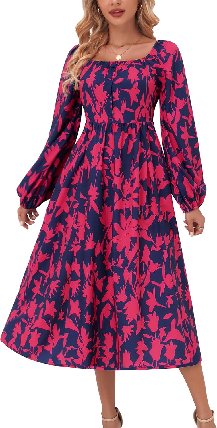 Women's Long Sleeve Button Decor Dress Boho Flowy Square Neck Maxi Dress 2025 Fall Casual Trendy Dresses