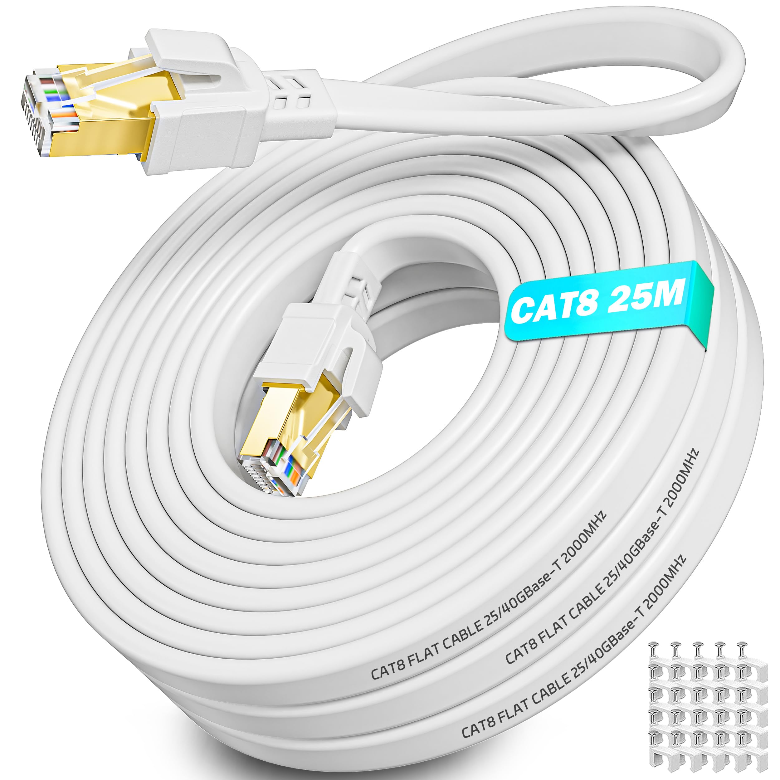 LAN Kabel 25m, Cat 8 Netzwerkkabel 25 Meter Weiß Flach, Ethernet Geschirmt | Internetkabel Hochgeschwindigkeits 40Gbps 2000MHz, Wlan Kabel 25m RJ45 Gigabit Patchkabel für Modem Router Switch
