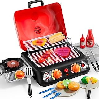 PLAY-ACT Extra Large 2-Layer BBQ Grill Playset with Pretend Smoke, Light, Sound & Color-Changing Food, Kitchen Toy Set,Pretend BBQ Grill Toy Set for Kids (25X13X12 Inch)