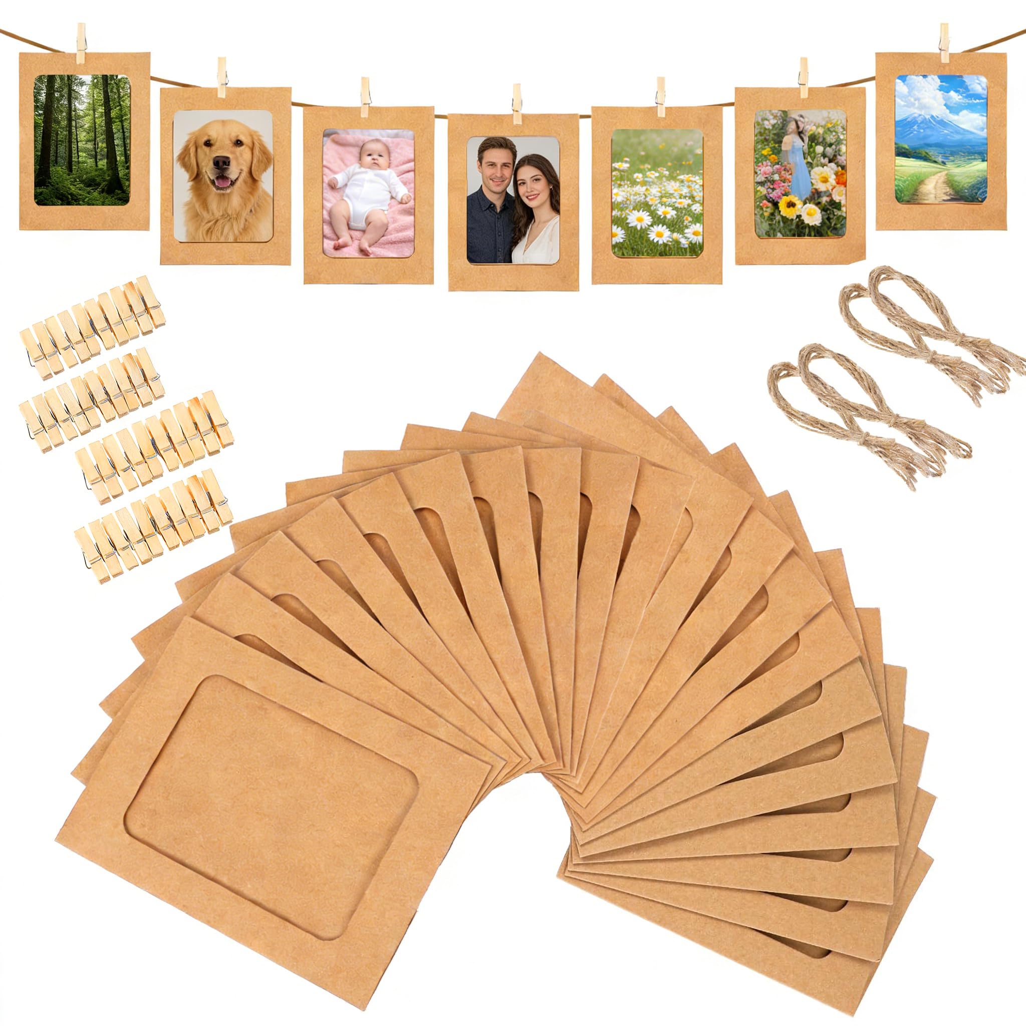 40PCS Cardboard Photo Frames 4x6 Inch, Paper Picture Frames with 40 Wooden Clips and 4 Hemp Ropes for Wall Decor, DIY Photo Wall Display Kit