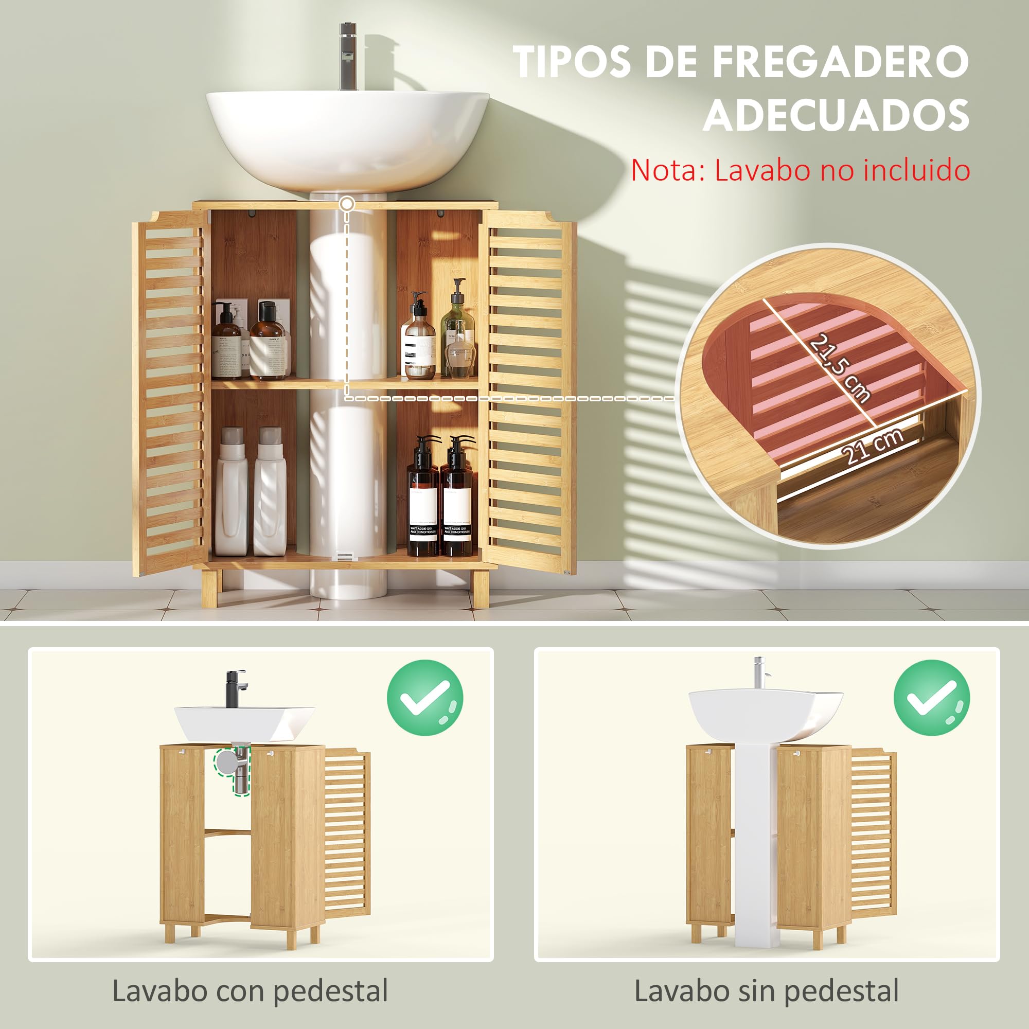 HOMCOM Mueble Bajo Lavabo de Bambú 2 Puertas de Lamas 60x30x80cm Natural | Estante Regulable, Mueble de Baño, para Lavabos con o sin Pedestal