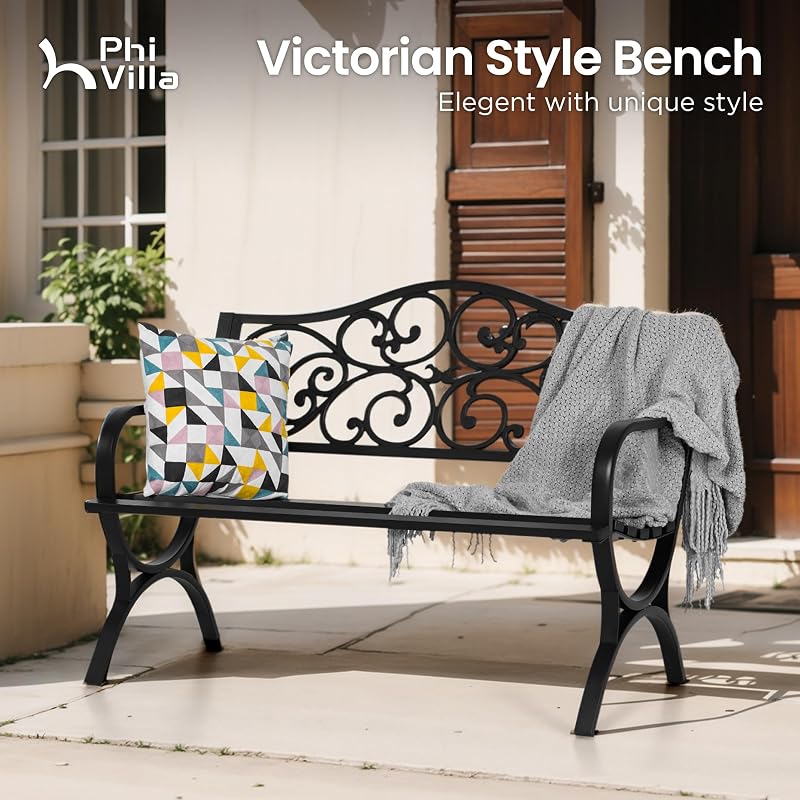 PHI VILLA 50 Inches Cast Iron Steel Frame Outdoor Garden Bench, Black image 3