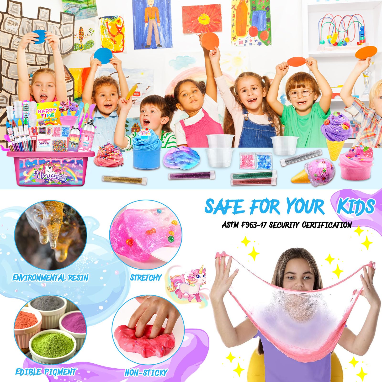 Kit Slime Fluffy per Ragazze - Unicorn Slime Kit Completo per Fare Slime di Gelato, Fluffy, di Burro, Nuvola e Schiuma. Regalo per Bambina DIY, Fai da Te Fluffy Slime