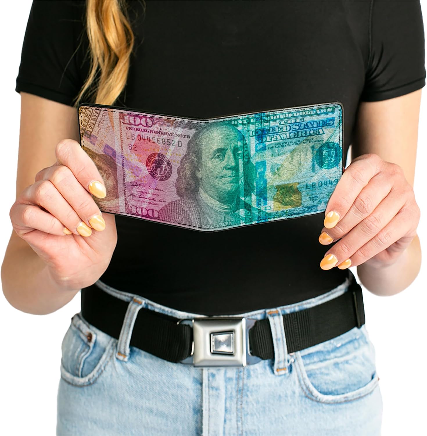 Buckle-Down Wallet, Bifold, 100 Dollar Bill Series 2009 Stacked Multi Color, Vegan Leather
