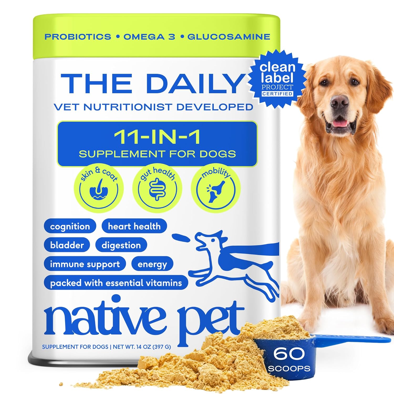 Native Pet Dog Vitamins Supplements - 11-in-1 Multivitamin Powder for Dogs Food Topper - Collagen Glucosamine Probiotics Omega
