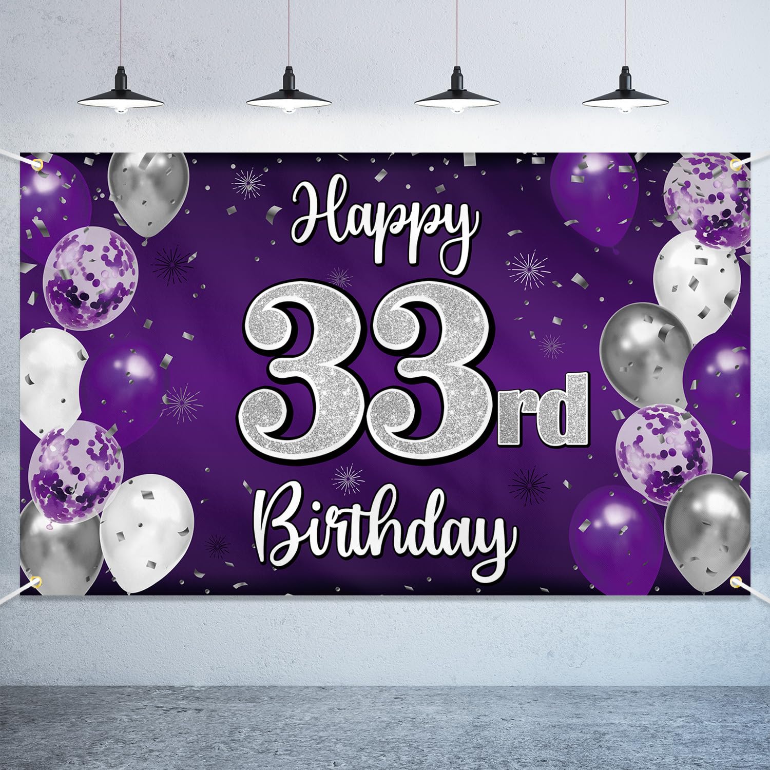 Nelbiirth Happy 33rd Birthday Decorations,33rd Purple & Silver Large Birthday Banner Backdrop Sign,Cheers to 33 Years Old Bday Party Supplies.