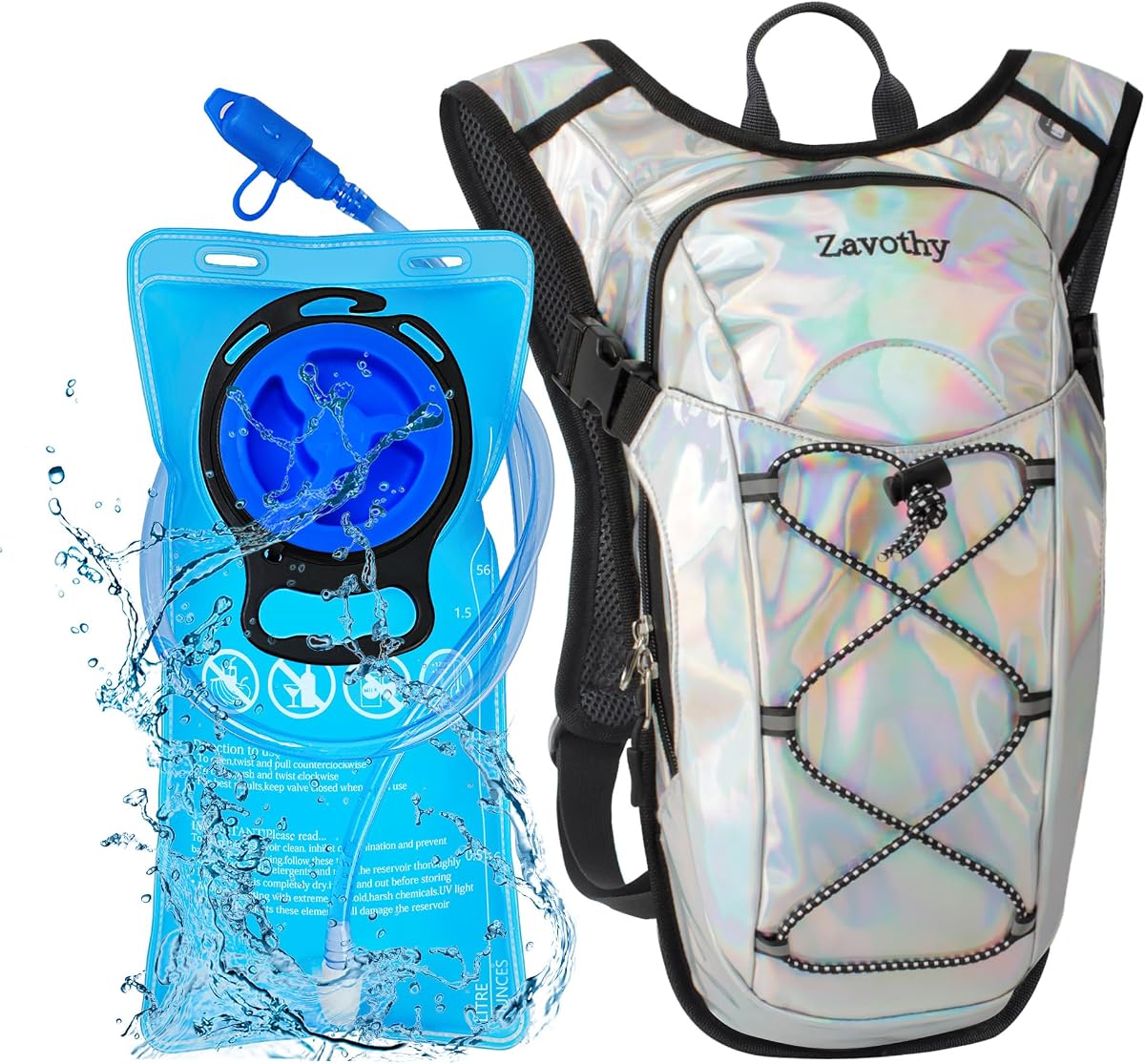 Mochila de hidratación reflectante, mochila de hidratación, mochila de agua con vejiga de hidratación de 2 litros, esencial para festivales, mochila de hidratación Rave para senderismo, correr, ciclismo y festivales