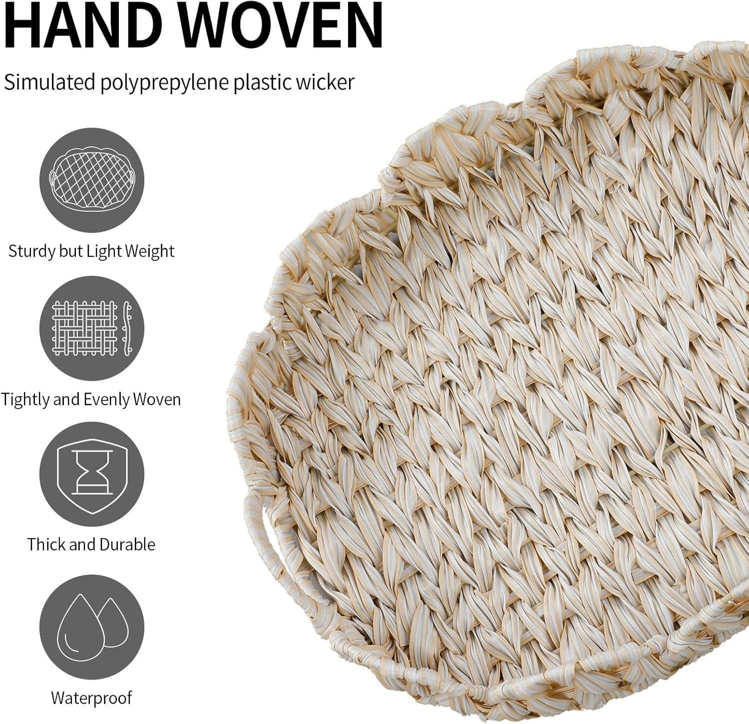 16.5 inch Round Wicker Tray, Boho Decorative Coffee Table Tray,Woven Serving Tray with Handles,Wicker Scallop Basket - Image 5