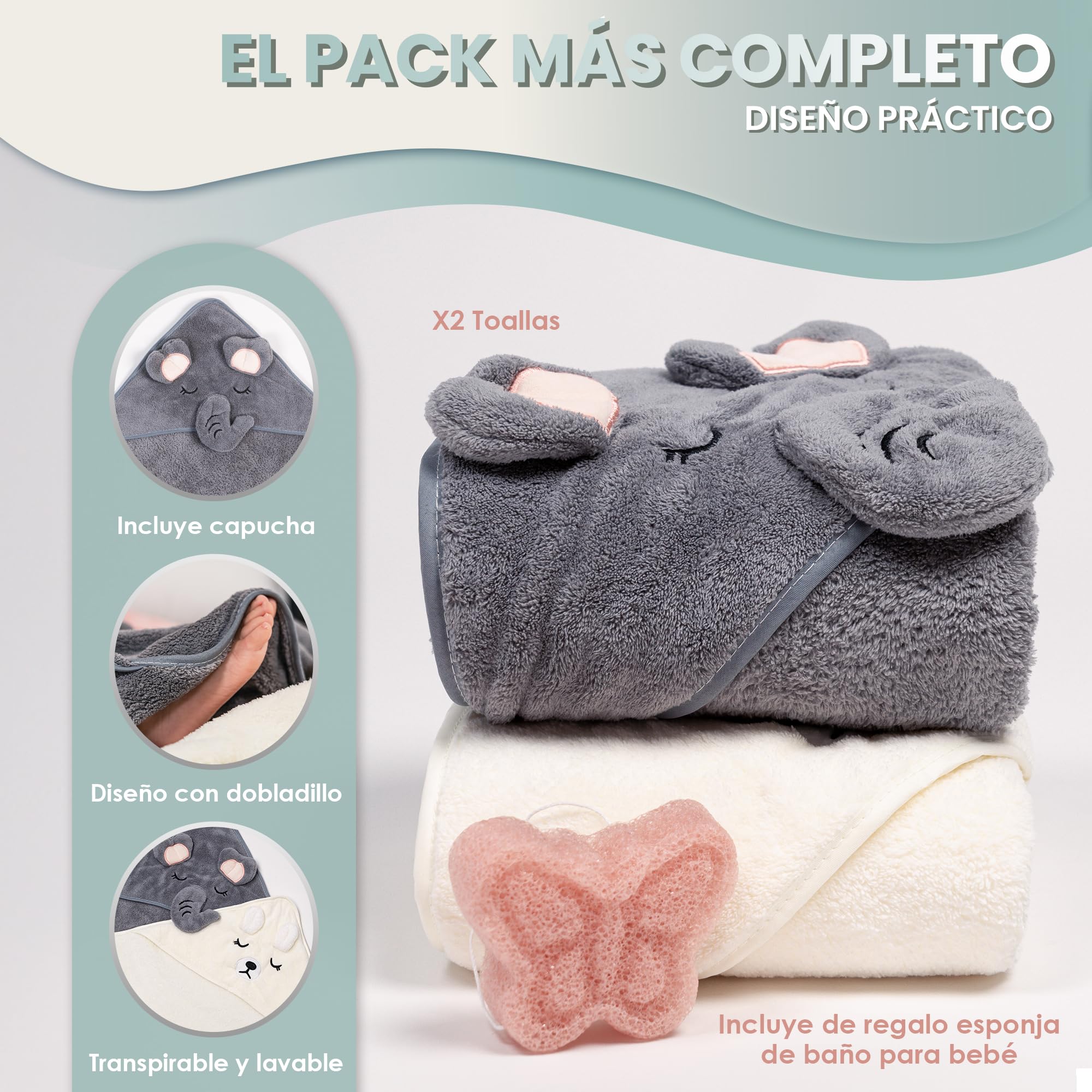 2 Unidades Toalla Bebe Recien Nacido + 1 Esponja Recien Nacido - Toallas con Capucha de Animales 0-3 años - Toalla baño - Esponja Natural - Accesorios Bebes (Blanco/Lila)