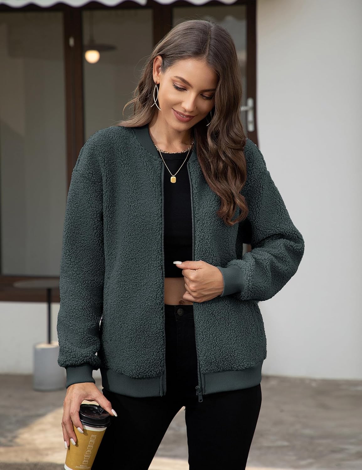 YUCOLEN Womens Sherpa Jacket Fleece Bomber Jacket Zip Up Teddy Coat Long Sleeve Winter Coat Cropped Outwear with Pockets - Image 3