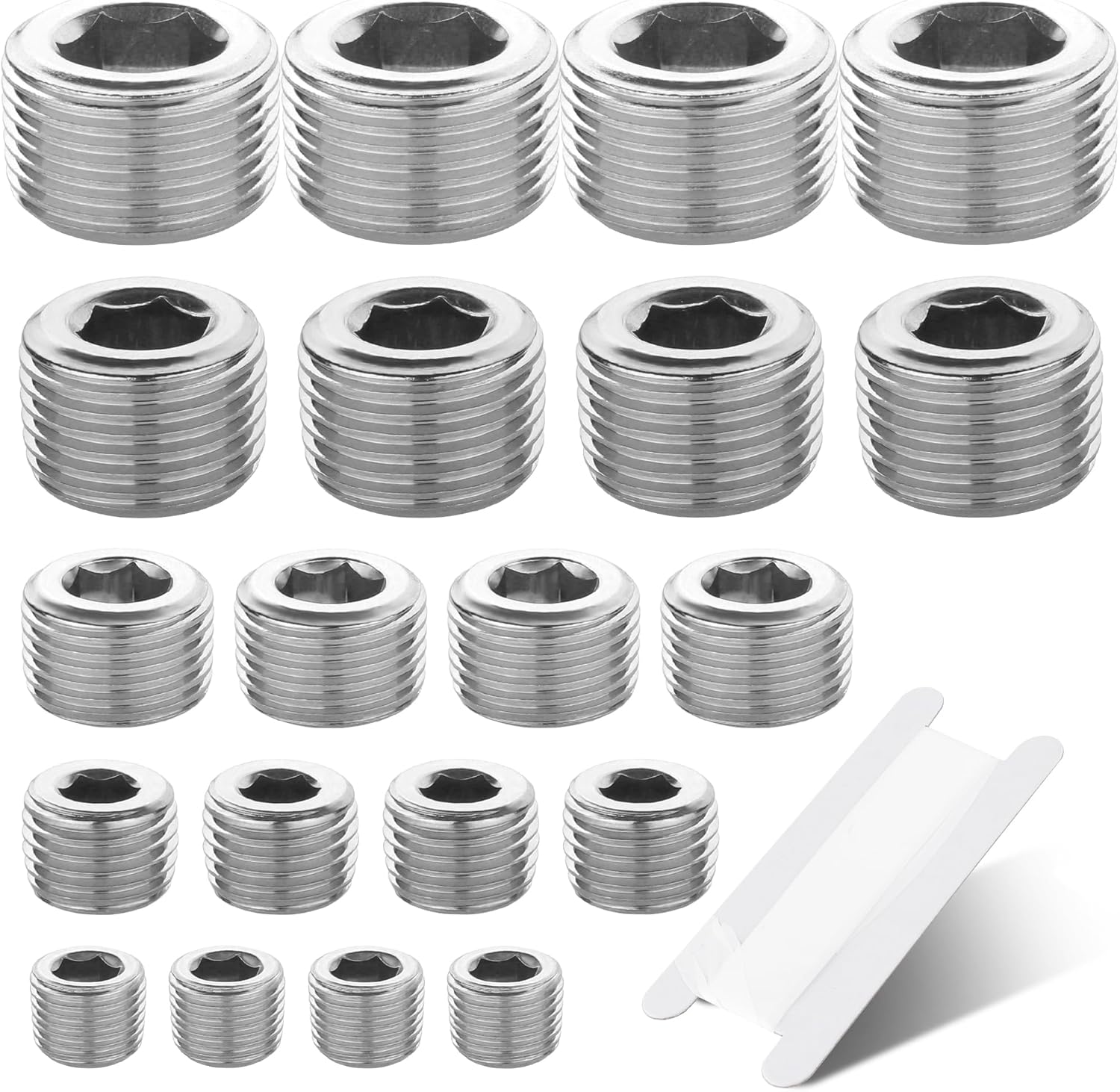 20 Pcs 304 Stainless Steel Pipe Plug Fitting Assortment Kit,1/8" 1/4" 3/8" 1/2" 3/4" NPT Male Internal Hex Thread Socket Pipe Plug,5 Sizes