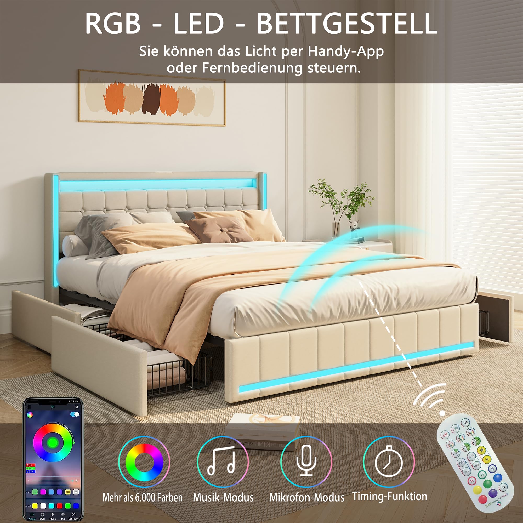 LIVLUX Lit 140x190 avec Sommier LED et USB,lit Double rembourré avec sommier à Lattes et 4 Tiroirs,lit 2 Personnes pour Adultes et Adolescents,Lin (Beige, 140 x 190 cm)