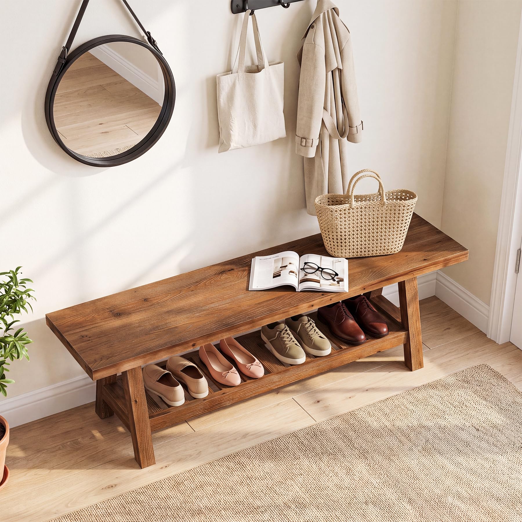 Sitzbank aus Massivholz 140 cm Flurbank mit Ablage und Schuhaufbewahrung Stabile Holzbank für Flur Diele Schlafzimmer Landhaus Design für Garderobe Eingangsbereich Wohnung