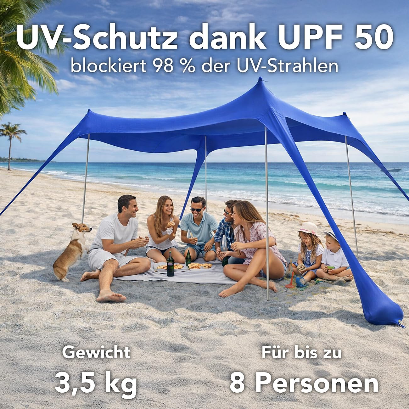 Semptec Urban Survival Technology Sonnensegel: Strandzelt mit UV-Schutz UPF 50+, 4 Stangen, 3 x 3 x 2 m, waschbar (Strandzelt mit Sonnenschutz, für Garten, Strandmuschel)