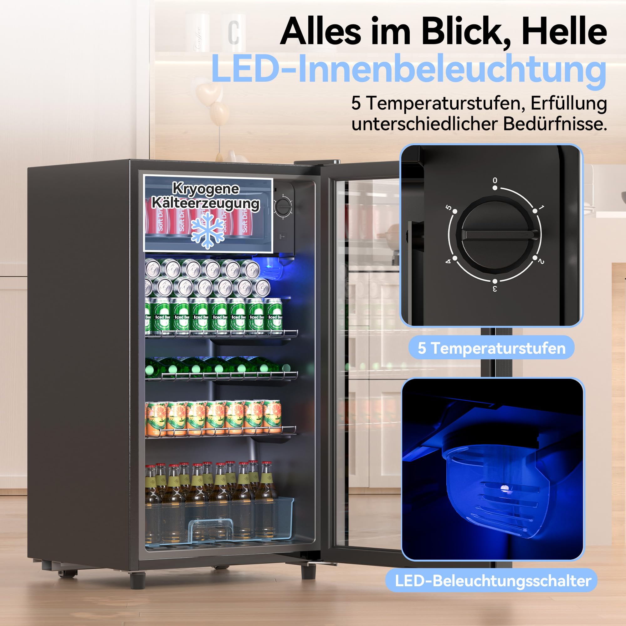 TRIUMPHKEY 93L Getränkekühlschrank Mini-Kühlschrank mit Glastür für 140 Dosen LED