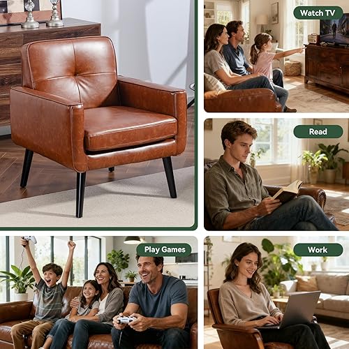 Miniatura 4 de Silla decorativa de mediados de siglo, silla moderna de piel sintética con marco de madera, acogedora silla de lectura con respaldo cómodo para