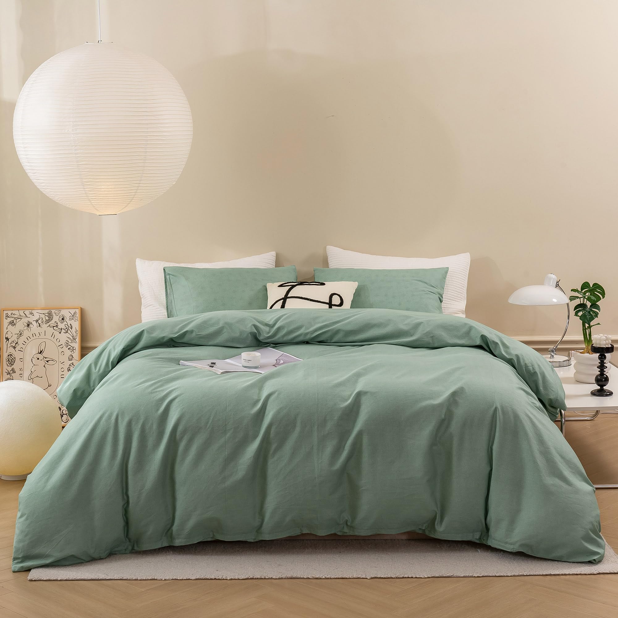 ECOCOTT Mint Green Duvet Cover Queen Size - 100% Washed Cotton Durable Soft Comfy Duvet Cover Set, 3 Pieces Duvet Cover with Zipper Closure (Mint Green, 90''x90'')