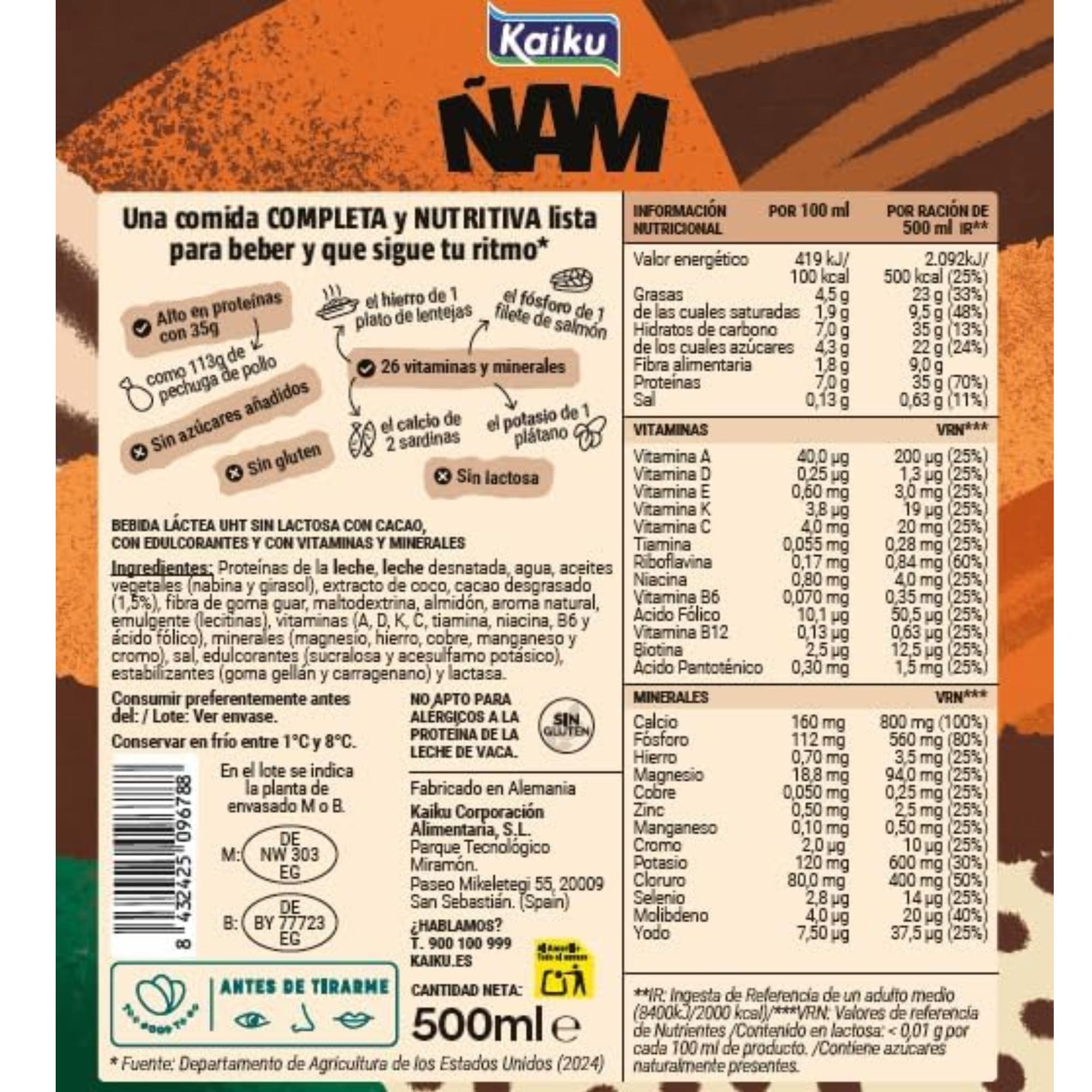 KAIKU ÑAM - Chocolate 500 ml, Sabor Chocolate, Bebida Lista para Tomar, 35 g de Proteína, 26 Vitaminas y Minerales, sin Azúcares Añadidos, sin Gluten, Bajo en Grasas, Comida Completa