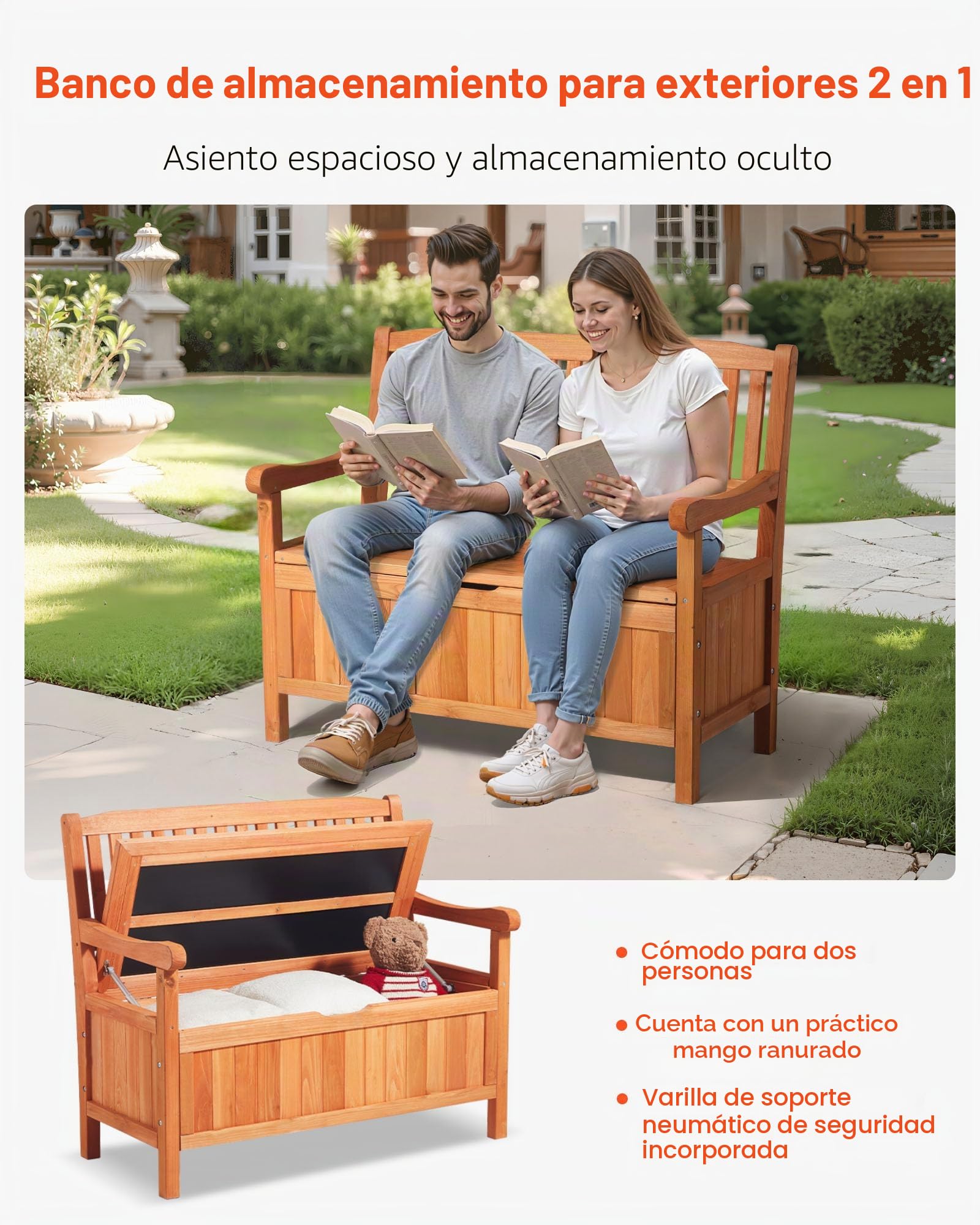 VEVOR Banco de Almacenamiento de Madera 106,5 x 58,5 x 90,1 cm para 2 Personas con Asa Lateral Baúl de Terraza Soporta hasta 319,8 kg Asiento Exterior Resistente para Porche, Patio, Jardín, Balcón