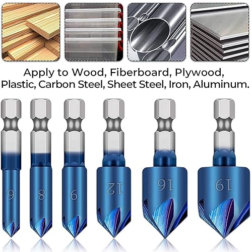 Miniatura 6 de KEWAYO Juego de brocas avellanadas de 6 piezas, brocas HSS de vástago hexagonal de 14 pulgadas con revestimiento nano azul (0.236-0.748 in),