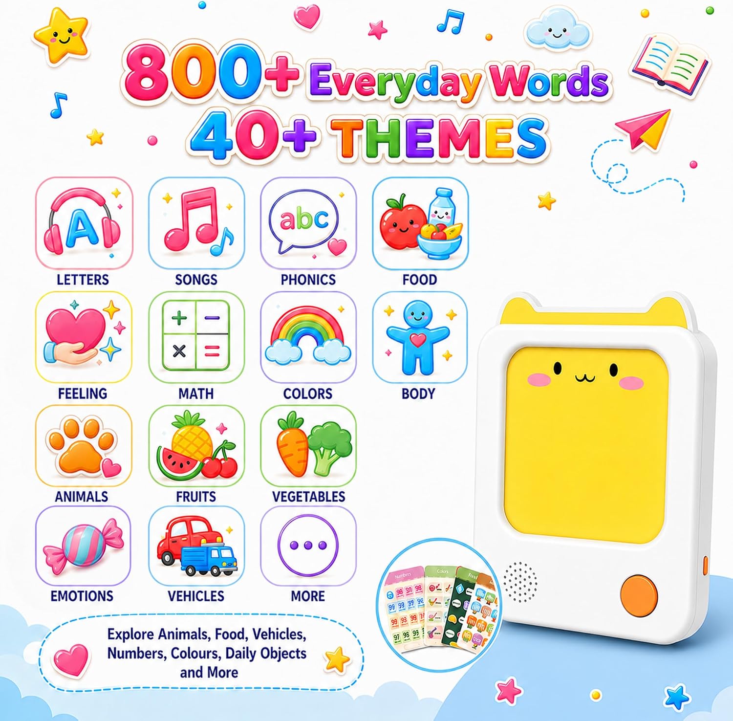 Screen-Free Learning Tablet, Phonics Talking Flash Cards, 84 Pages, 36 Themes, 2800+ Knowledge Points, 500+ Test Library, 300+ Thinking Training, Learning Educational Toy Kids 2-6 Gifts
