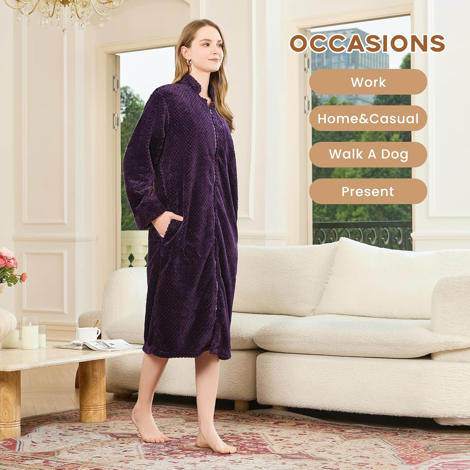 HEARTNICE Womens Flannel Zipper Robe, Soft Warm Robes for Women Cozy Long Sleeve Loungewear Luxurious Nightgown with Pockets - Image 3