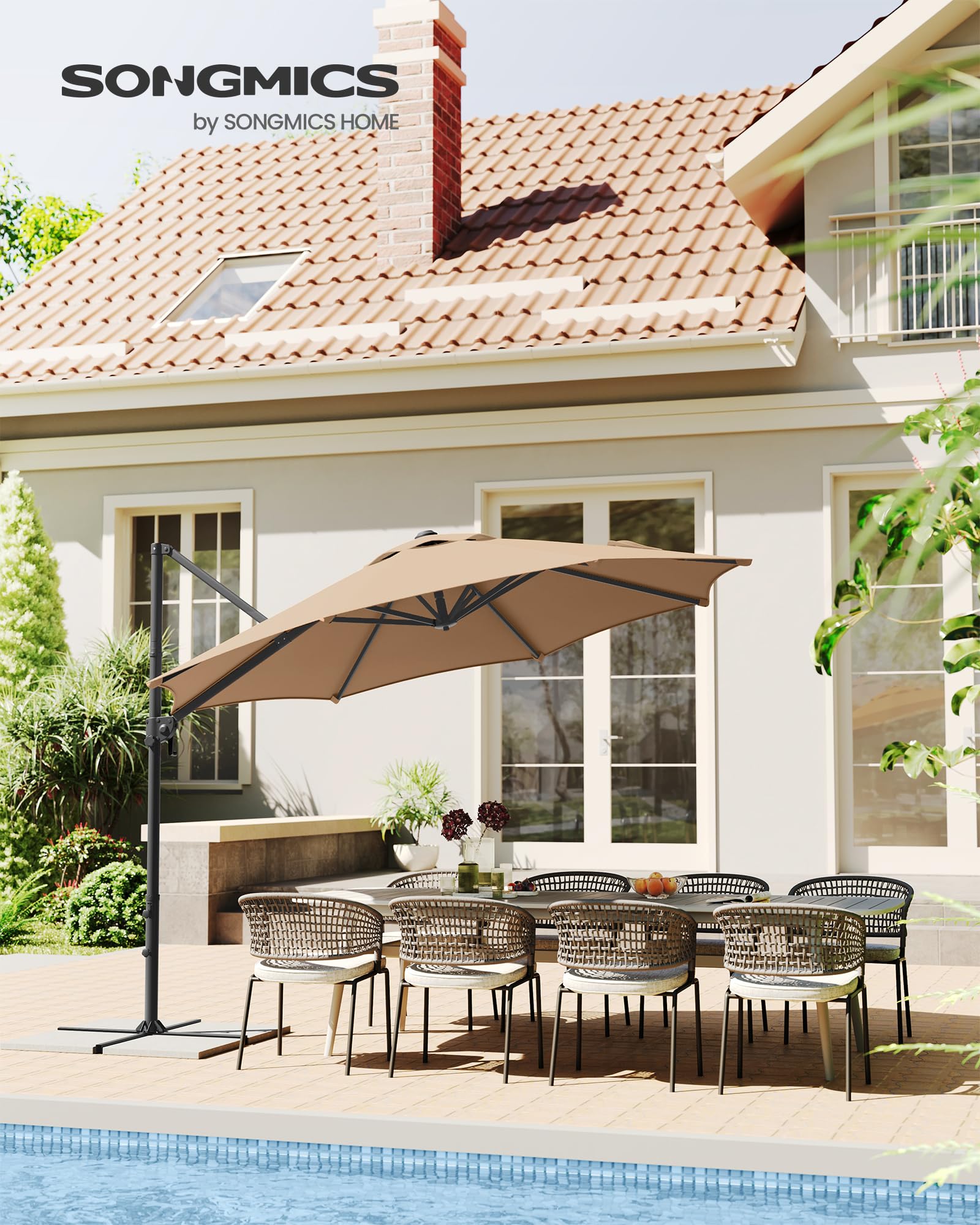 SONGMICS Ombrellone da Giardino 300 cm, UPF 50+, Girevole a 360°, Inclinazione Continua, Manovella per Apertura e Chiusura, con Base a Croce