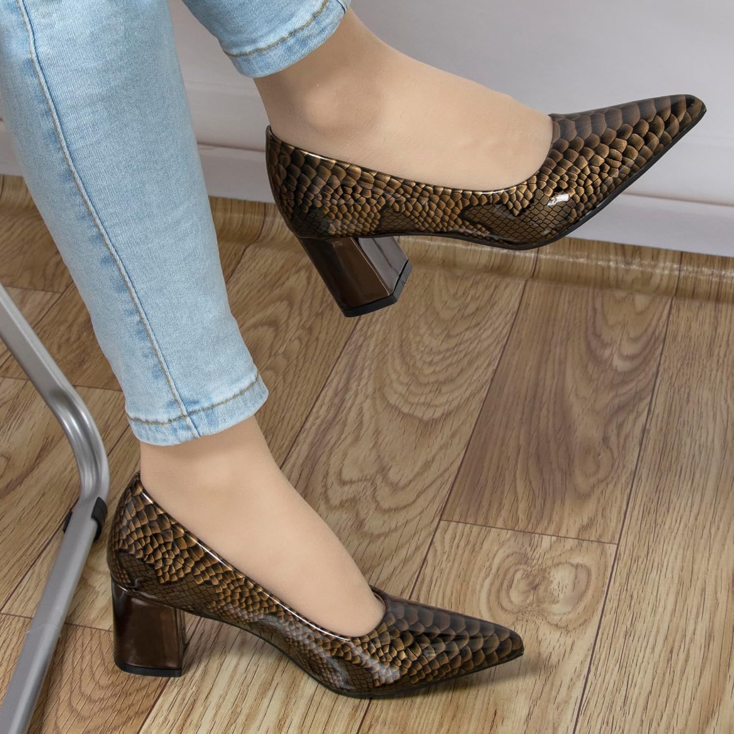 Pointed Closed Toe Block Pumps Shoes for Women 2 Inch Snakeskin Print Low Heels Women's Comfort Patent Leather Heels Slip-On Party Daily Dressy Shoes Noiseless Sole Available