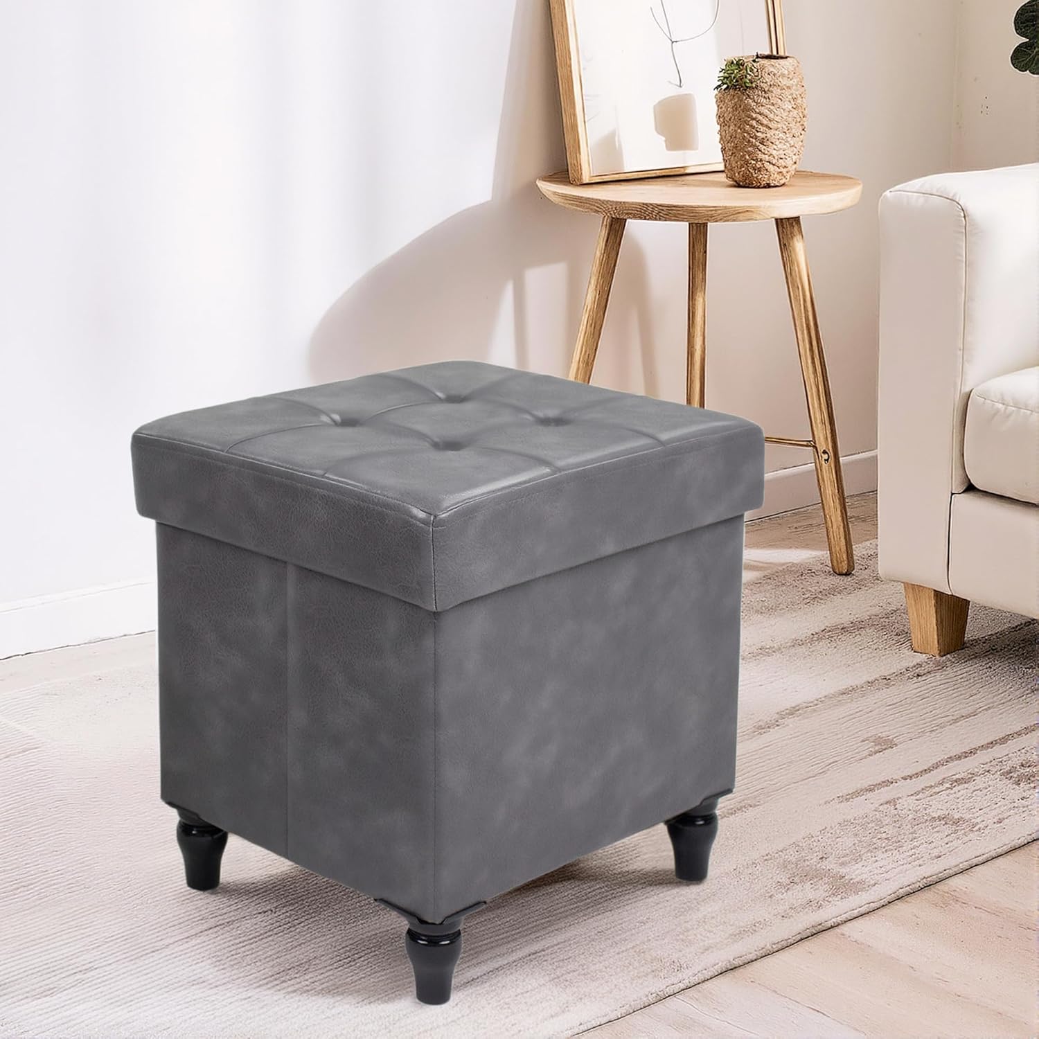 GLAXYFUR Storage Ottoman Bench, 15 Inches Foldable Ottoman Foot Stool with Legs, PU Leather Footrest for Living Room, Bedroom, Dorm (Grey)
