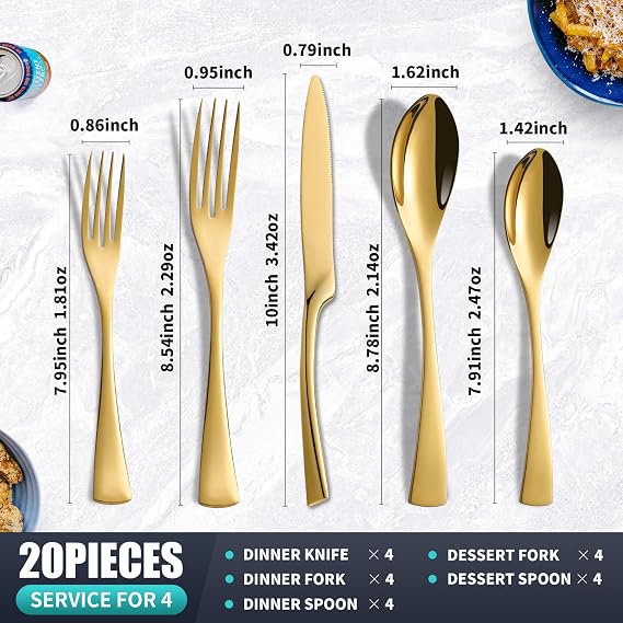 20 Pieces Gold Silverware Set Service for 4,Modern 18/10 Stainless Steel Flatware Cutlery Set,Utensil Set for Home Restaurant Hotel,Mirror Polished,Dishwasher Safe