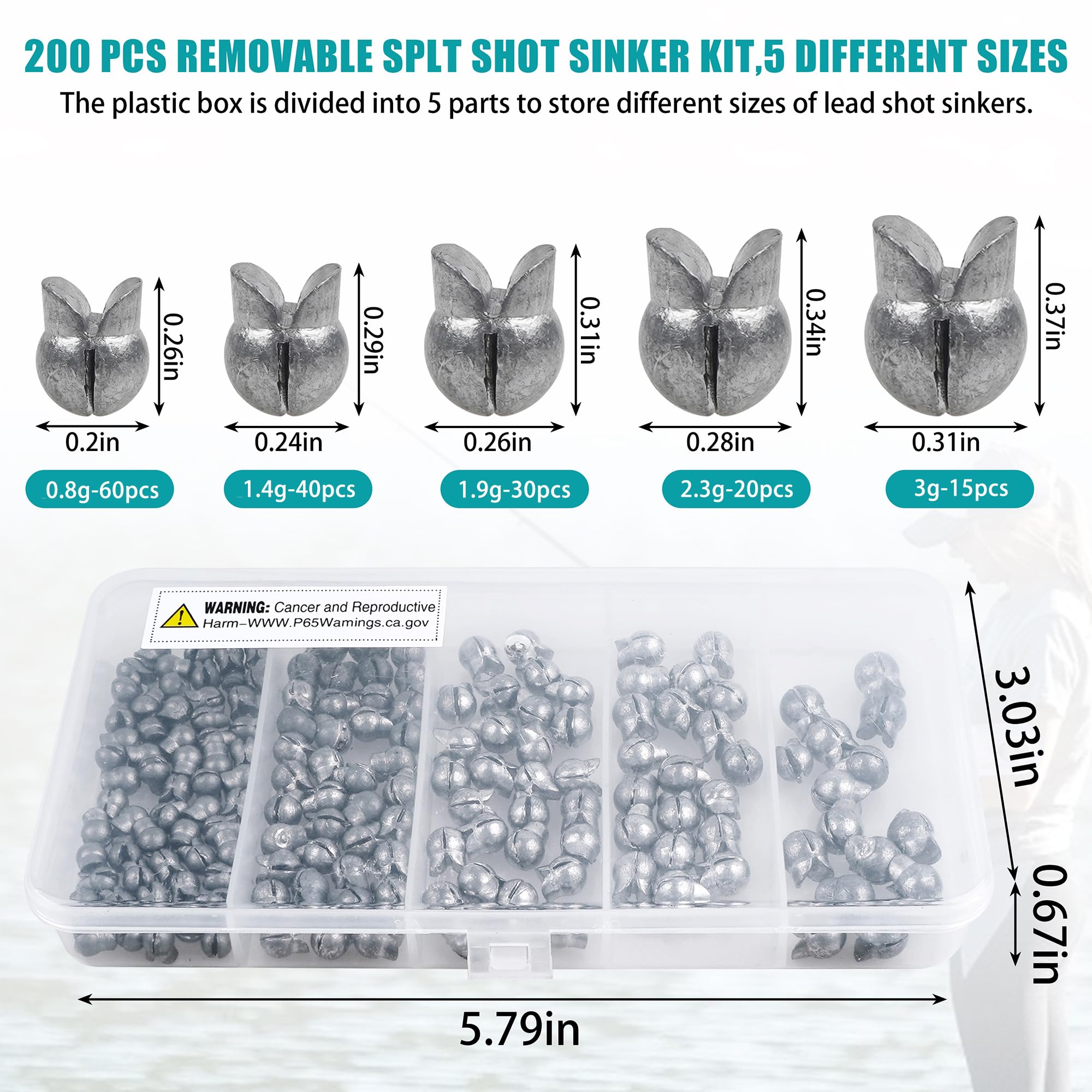 100 Pack FishingWeight Sinker Fishing Removable Split Shot Weight with Tackle Box Round Egg Fishing Sinker Lead Weight Clip On Weights Bass Fishing Freshwater 3.0g