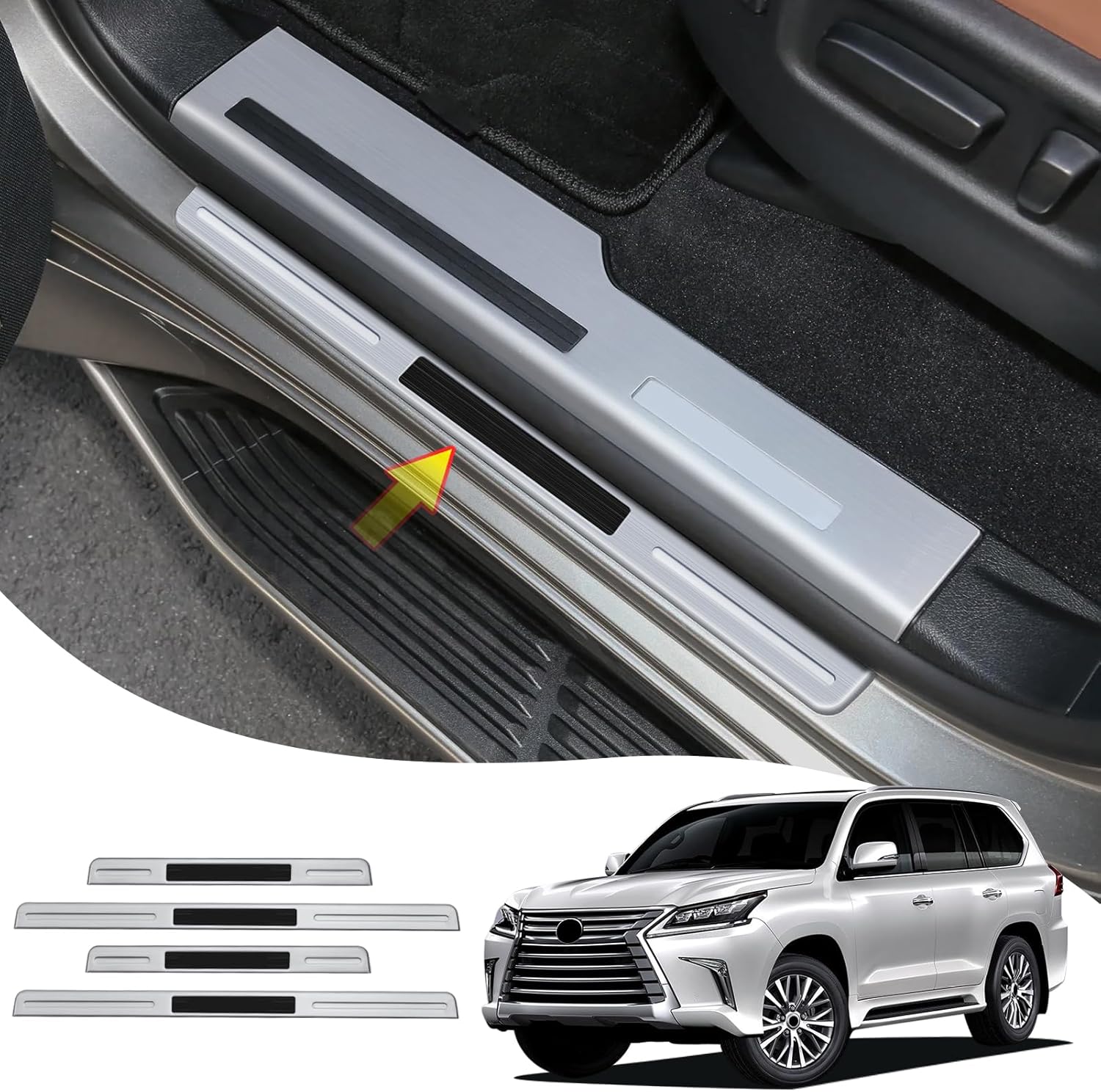 Stainless steel threshold decorative strip modification applicable for 2008-2022 Lexu@ LX570 LX450d pedal panel upgrade accessories 2012, 2013, 2014, 2016, 2018, 2019, 2020, 2021（External Silver）