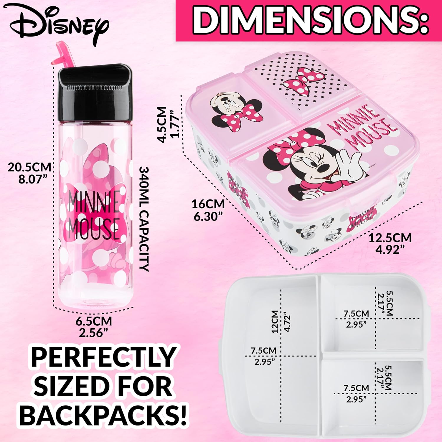 Disney Minnie Mouse Kids Lunch Box with Compartments and Water Bottle with Straw (Pink)