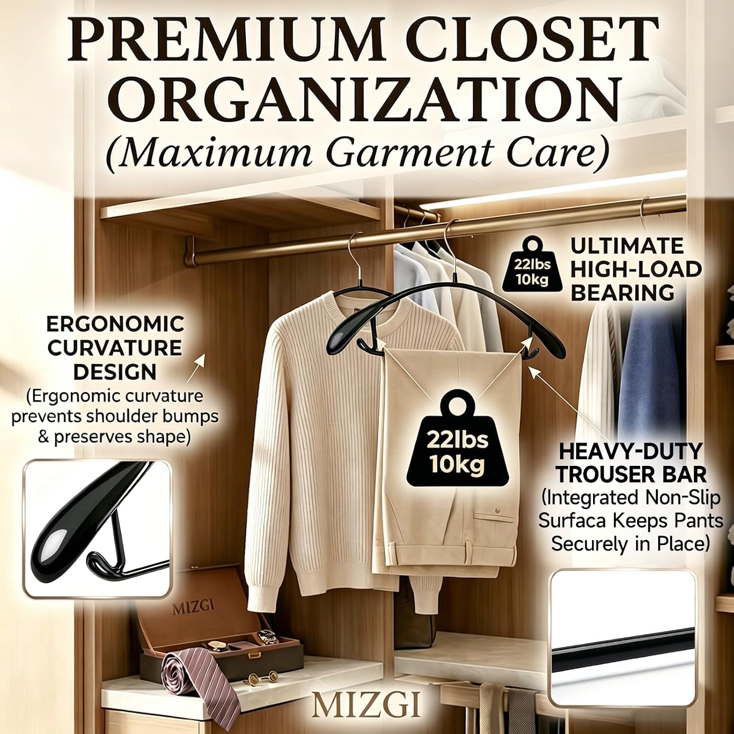 MIZGI 20 Pack Non Slip Hangers for Clothes - Wide Shoulder Sweater Hangers No Shoulder Bump - Heavy Duty Rubber Coated Metal Hangers for Coats, Suits, Jackets, Pants - Space Saving Closet Organizer
