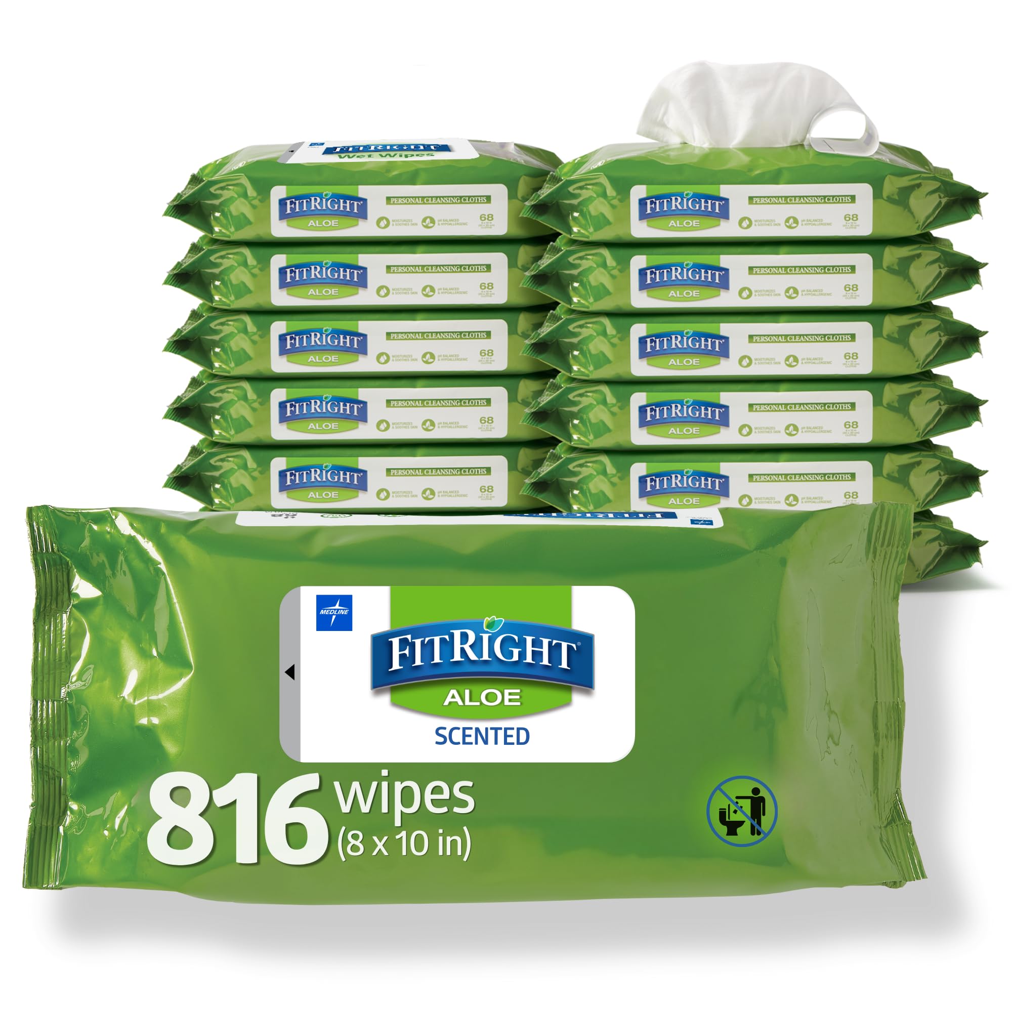 MedlineFitRight Aloe Personal Cleansing Cloth Wipes, Scented, 8 x 10 inch Adult Large Incontinence Wipes, 68 count, pack of 12