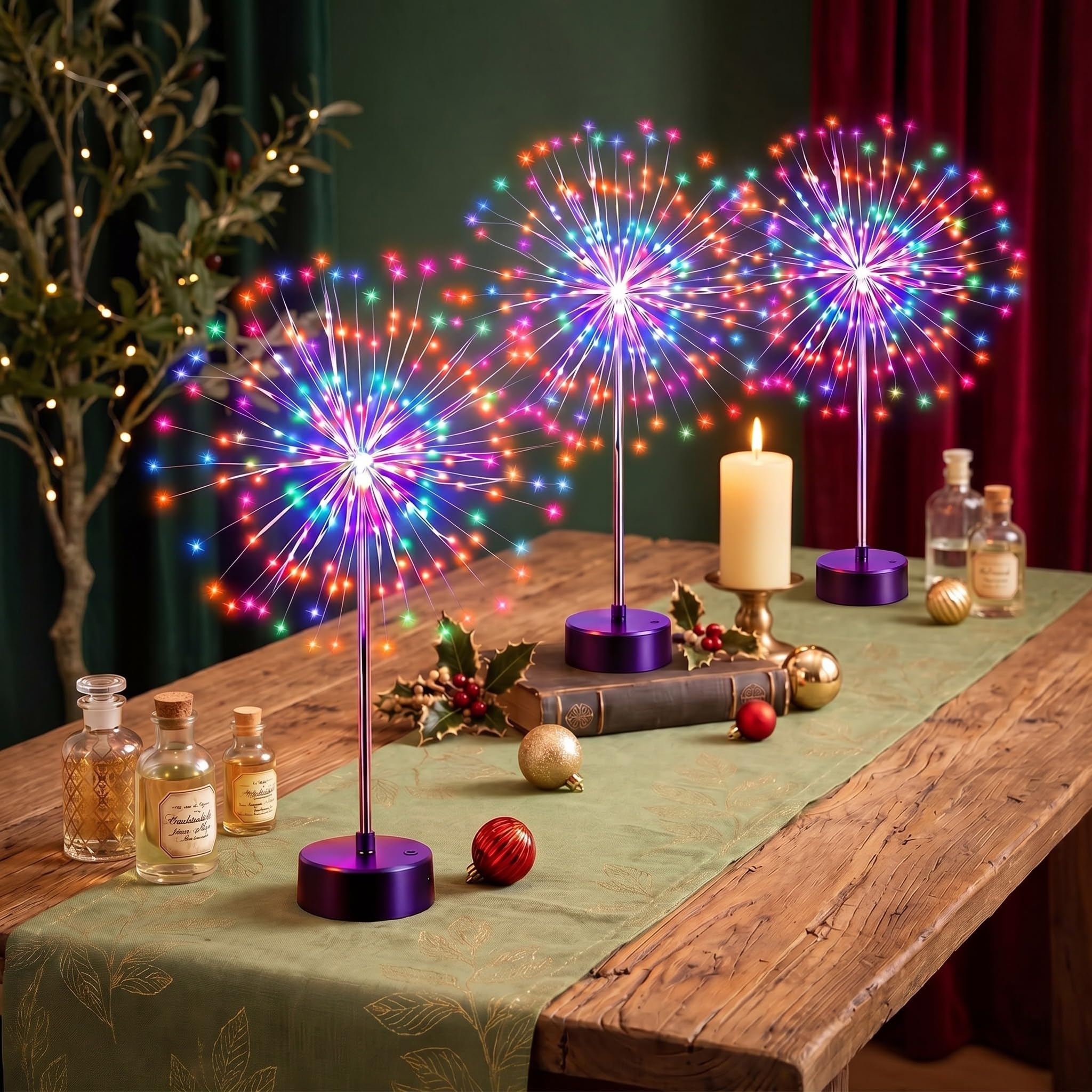 Tujoe Weihnachts-Feuerwerk und Blumen-Mittelstück-Lichter, 120 LEDs, buntes Bankett, rote und grüne LED-Feuerwerk-Lampe für Weihnachten, Tisch, Hof, Außenbereich, Fee, dekorativ, 3 Stück