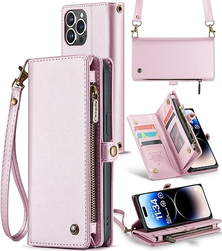 ASAPDOS Funda para iPhone 14 Pro, correa de piel sintética de gamuza retro y funda cruzada con cierre magnético, bloqueo RFID, tarjetero y soporte