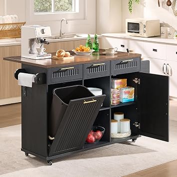Okvnbjk 57" Rolling Kitchen Island with Storage & Drop Leaf, Black | Mobile Island with Trash Can Storage Cabinet, Large Island Cart on Wheels with Power Outlet, Spice & Towel Rack