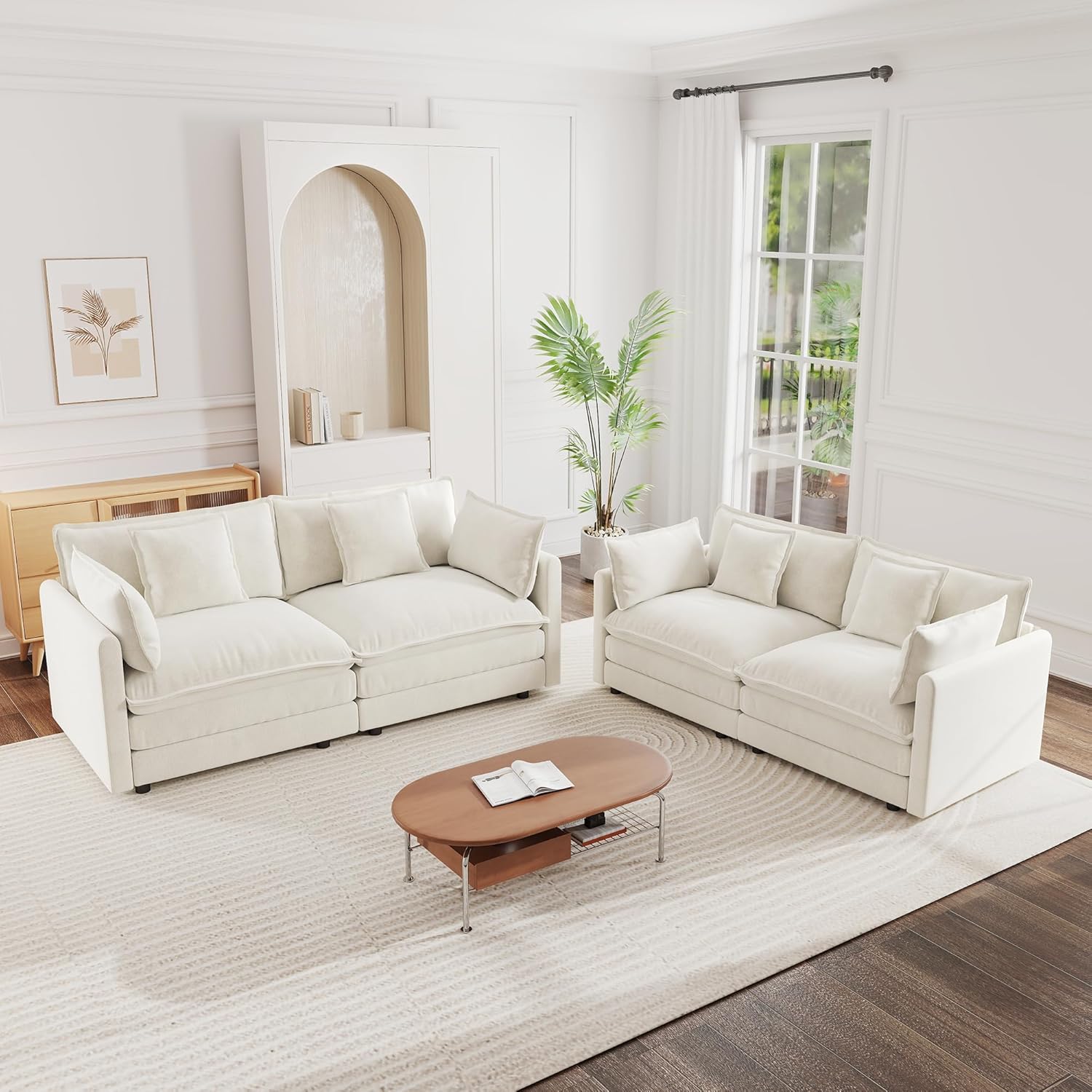 mikibama Luxury 2 Piece Sofa Set, 2 Pieces of Loveseat Sofa, Modern Chenille Comfy Cloud Couches Set for Living Room Office with 4 Armrest Pillows and 4 Toss Pillows, Beige