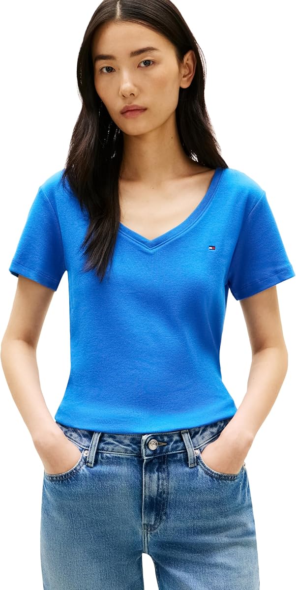 Tommy Hilfiger Camiseta básica de algodón con cuello en V y manga corta para mujer