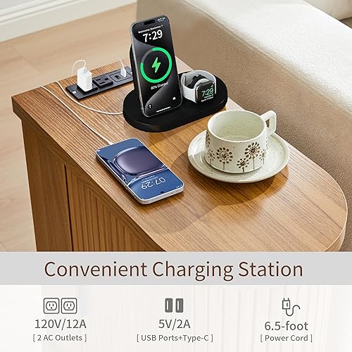 Miniatura 4 de Mesa auxiliar pequeña, mesa auxiliar estrecha, mesita de noche delgada con estación de carga, moderna mesita de noche curvada de mediados de siglo