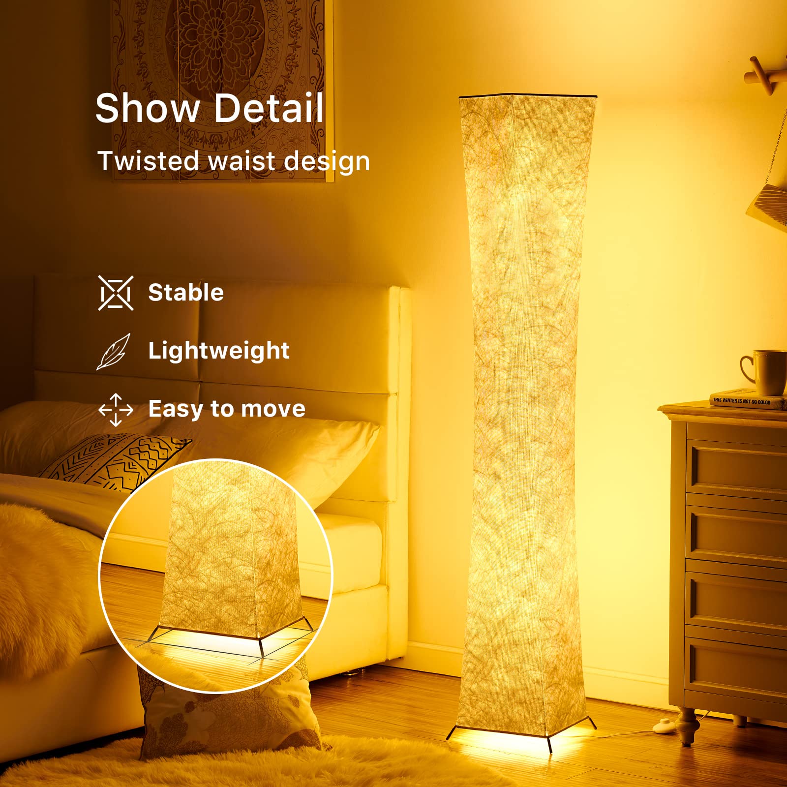 chiphy Floor Lamp, Dimmable 64" Tall Standing Lamp, 3 Levels Adjustable Brightness 12Wx2 LED Bulbs, Column Floor Light w/White Fabric Shade, Home Decor for Living Room, Bedroom, Kids Room