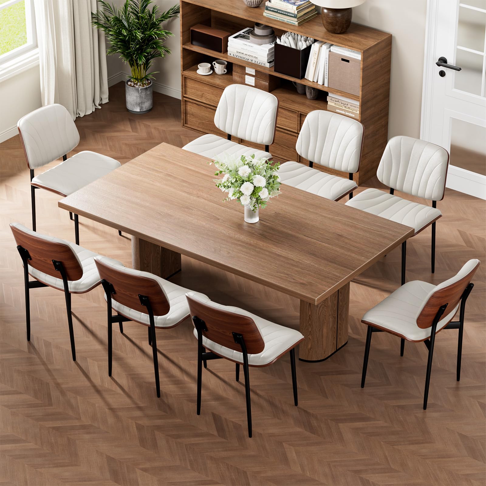 REONEY Dining Chairs Set of 8, Mid-Century Modern Upholstered PU Leather Chairs with Walnut Bentwood Back and Metal Legs Adjustable Feet for Kitchen