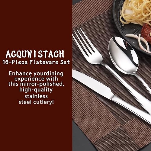 Miniatura 3 de ACQUWISTACH Juego de cubiertos de acero inoxidable de 16 piezas de alta calidad para 4, pulido con espejo y lavable a máquina, duradero, perfecto