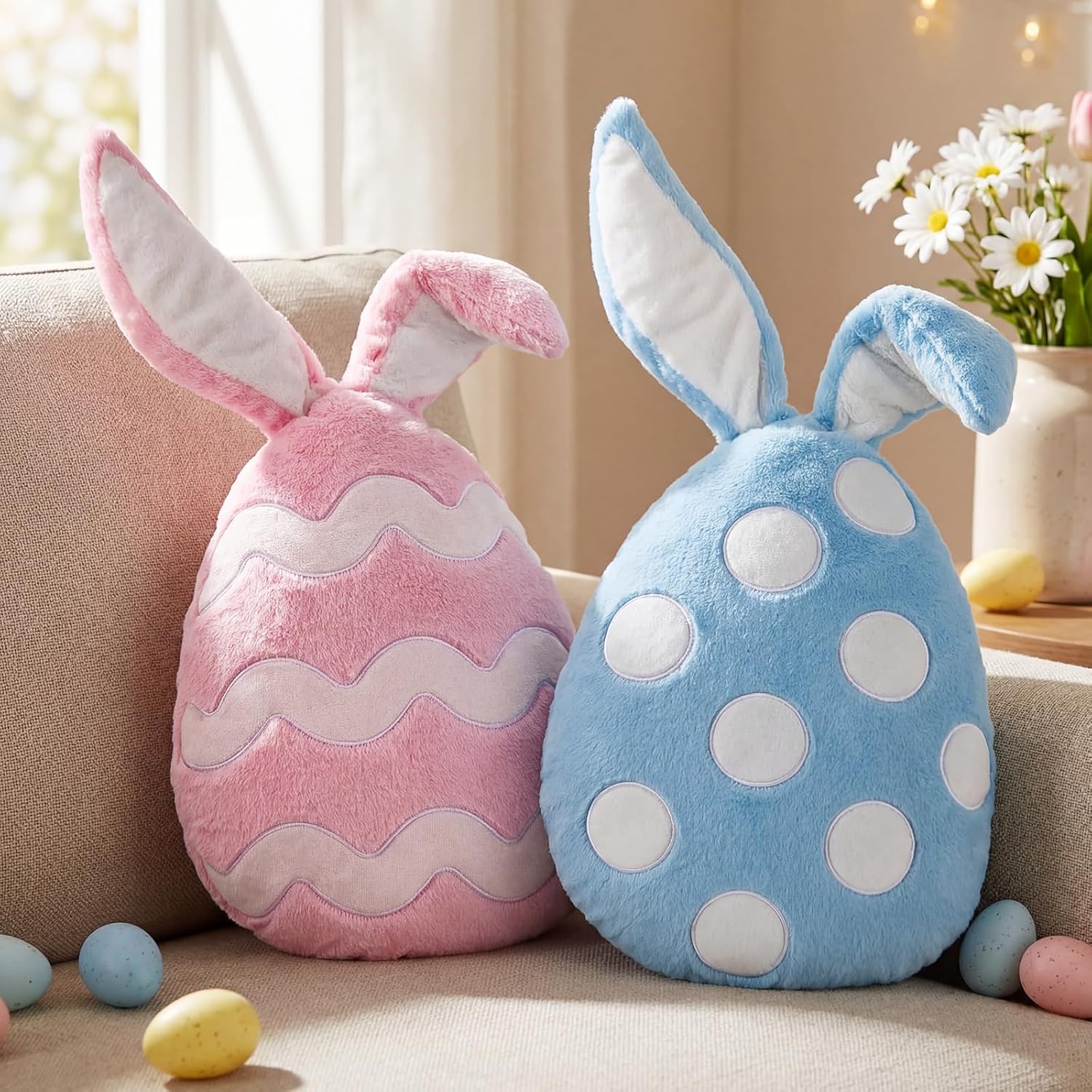 Easter Bunny Throw Pillows 2pcs:Ultra Soft Velvet Easter Pillows with Bunny Ears, Cute Rabbit Eggs Shaped Cushions Easter Throw Pillows, Spring Decorations for Home, Bedroom, Living Room, Sofa Couch