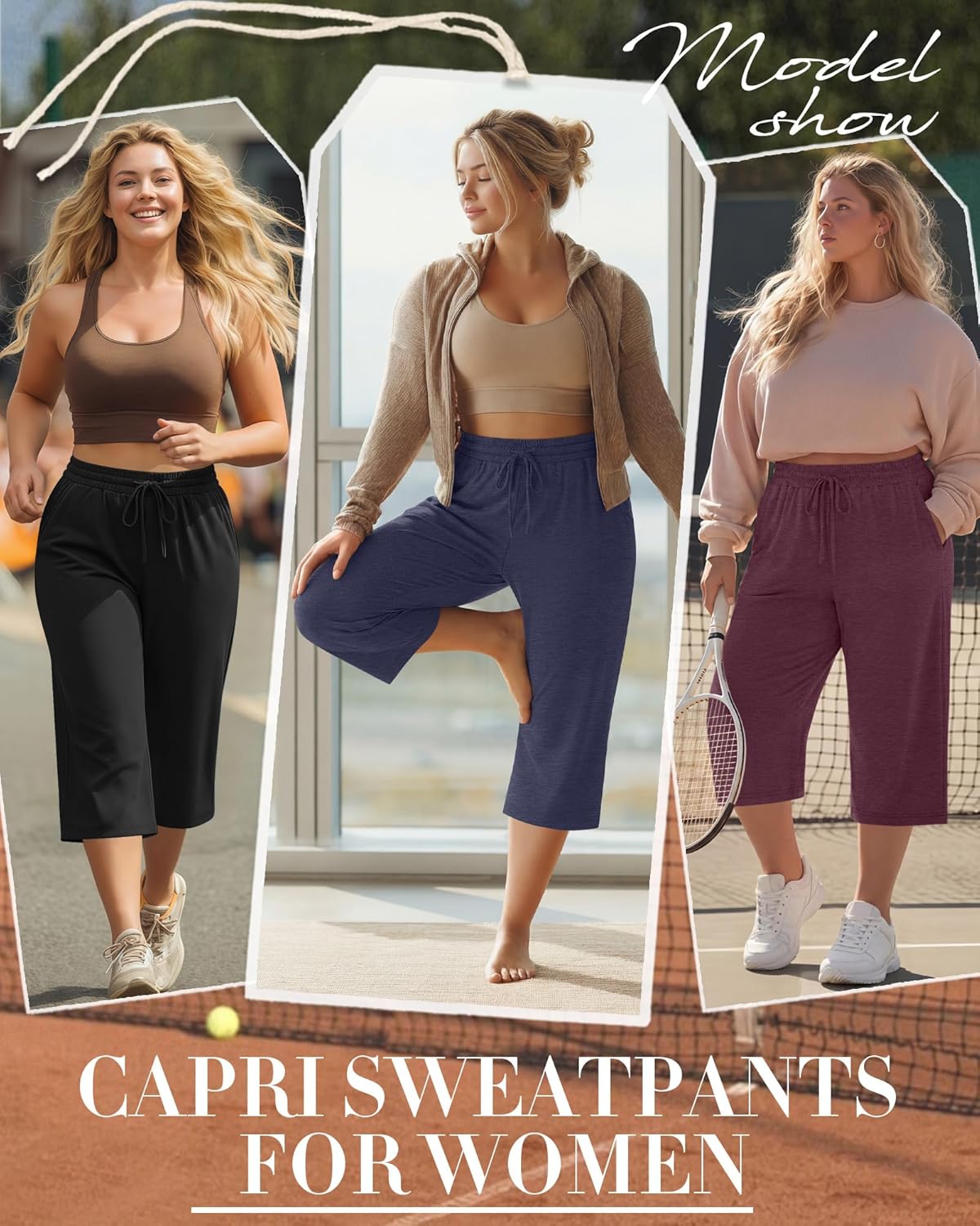 Neer 3 Pack Women's Plus Size Cotton Capris, Stretchy Wide Leg Cropped Pants with Pockets Loose Lounge Pajama Sweatpants - Image 2