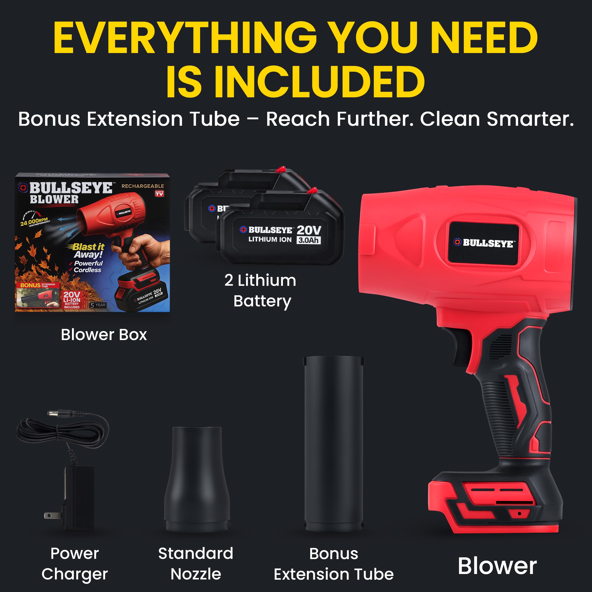 Bullseye - Soffiatore per foglie senza fili, mini turbo jet portatile con 2 batterie, 20 V 350 W, alimentazione elettrica per patio, pulizia garage e asciugatura auto, come visto in TV