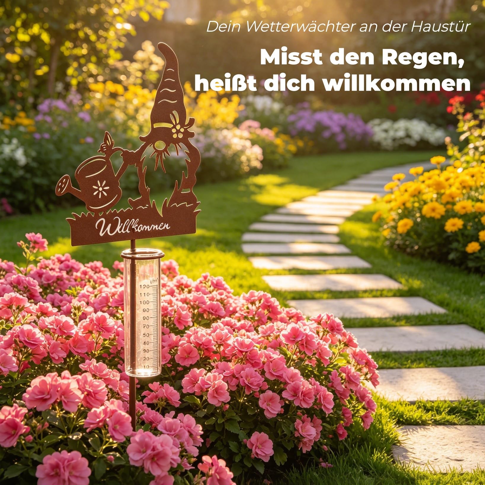 Regenmesser für Garten Dekorativer Niederschlagsmesser mit Erdspieß 100cm Hoch, Regenwassermesser Glas auf Gartenstecker, Willkommensschild & Zwerg Motiv